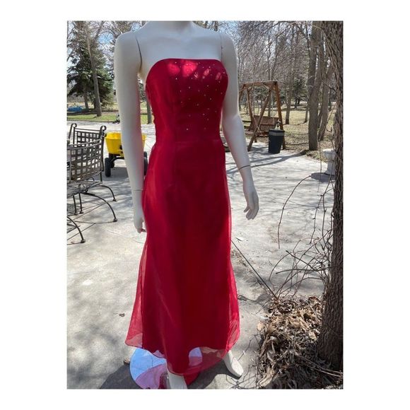 Vintage 90s Jessica McClintock for Gunne Sax Strapless Formal Maxi Dress Red Bea - Picture 2 of 16